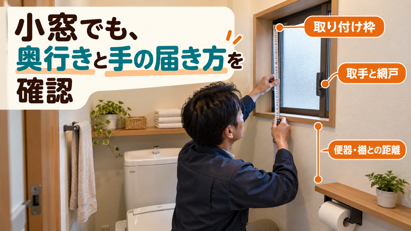 トイレの小窓の奥行きや取手、便器や棚との距離を測り手が届くか確認するイメージ