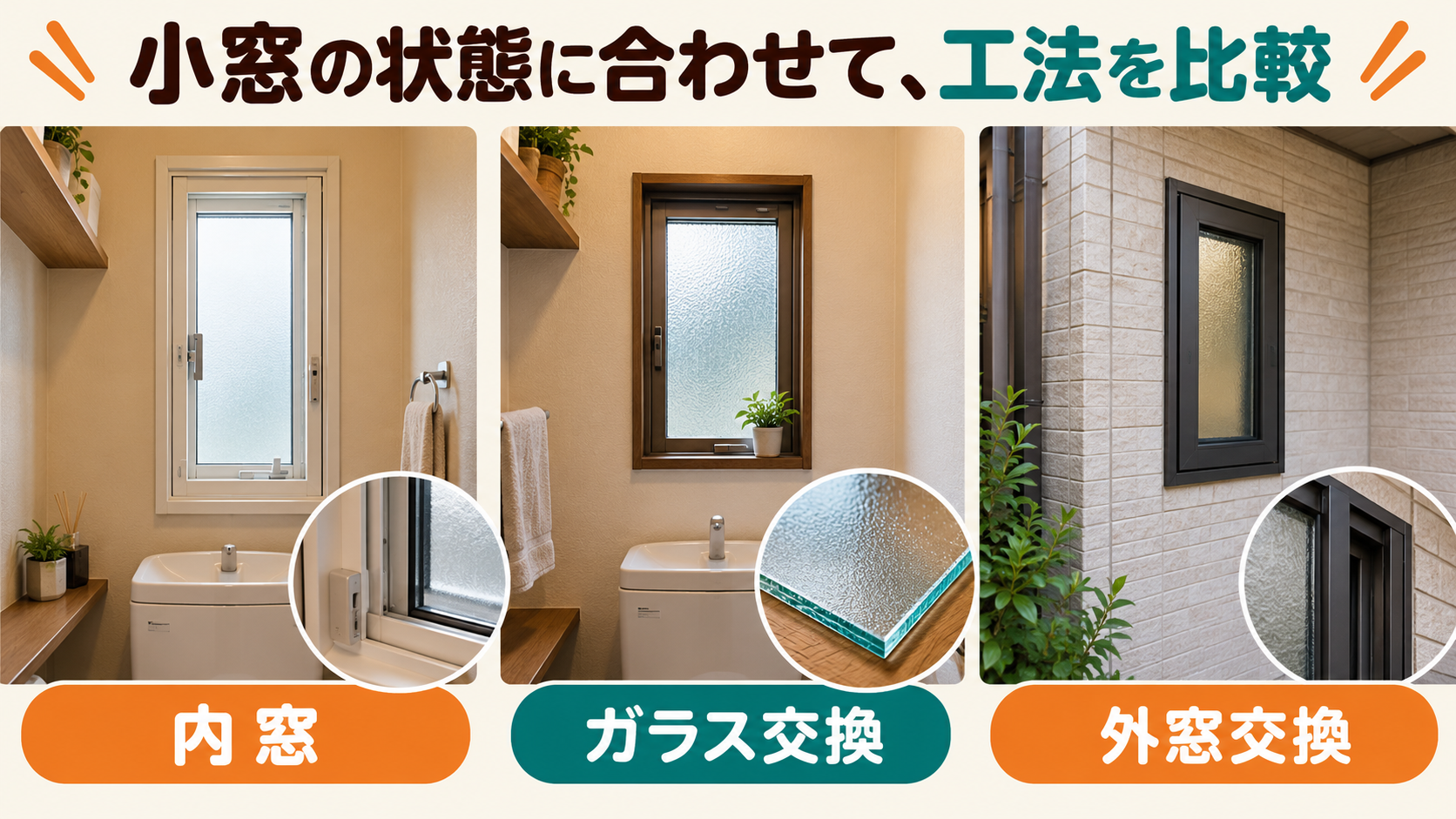 トイレの小窓の状態に合わせて内窓、ガラス交換、外窓交換を比較するイメージ