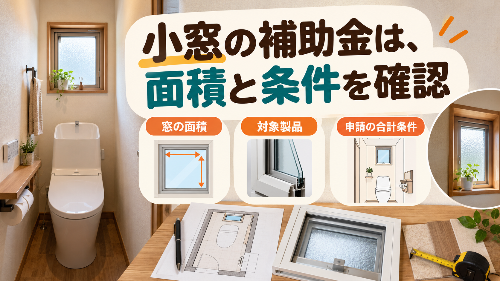トイレの小窓の面積や製品仕様と補助金の申請条件を別々に確認するイメージ