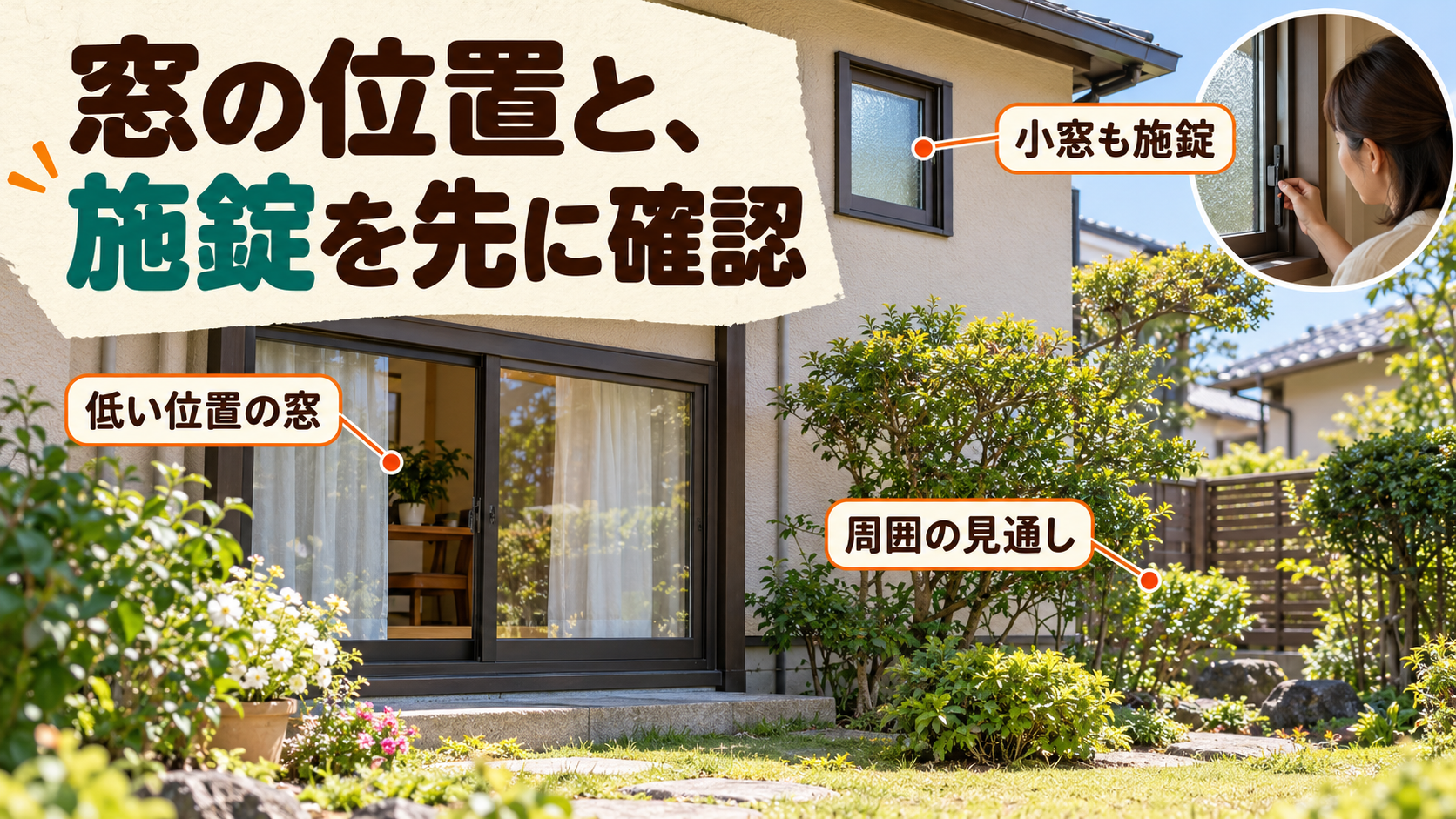 住まいの低い位置の窓、見通し、小窓の施錠を確認する防犯点検のイメージ