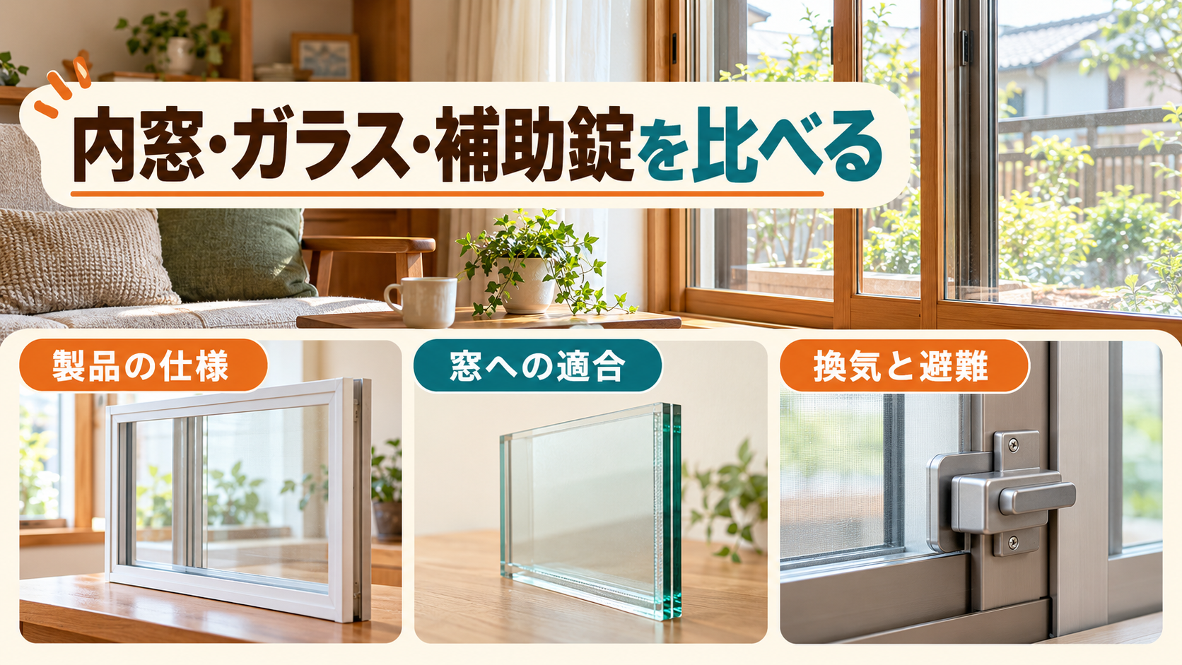 内窓、防犯合わせガラス、補助錠を目的や使い勝手に合わせて比較するイメージ