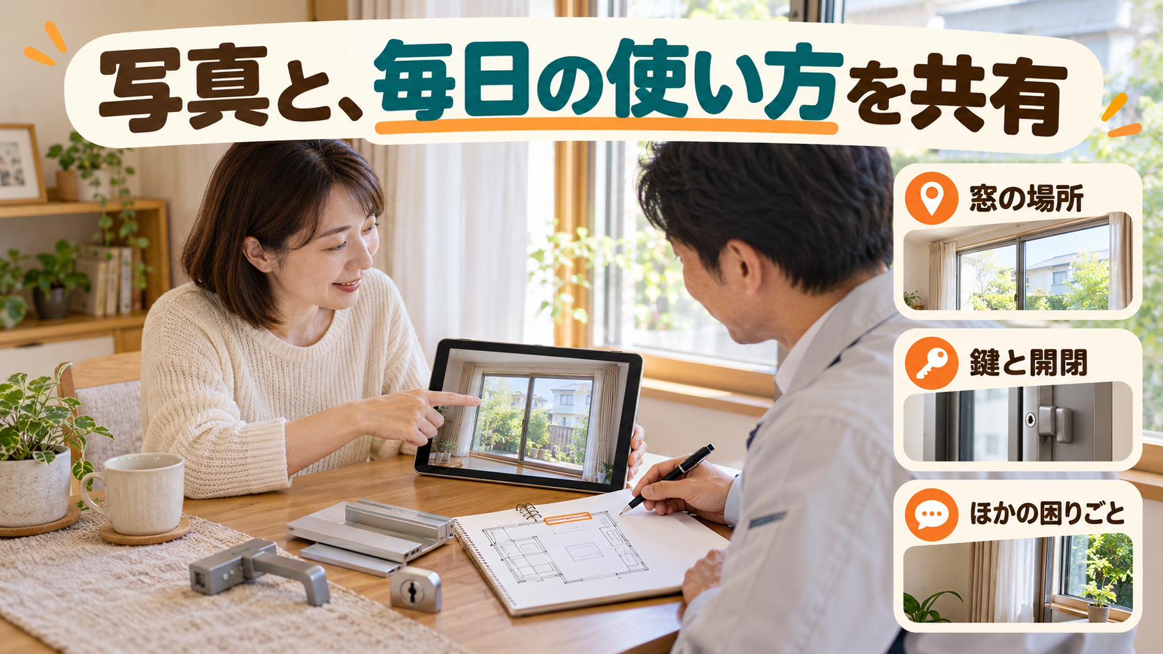 窓の位置や鍵、開閉、他の悩みを写真とメモで整理して相談するイメージ