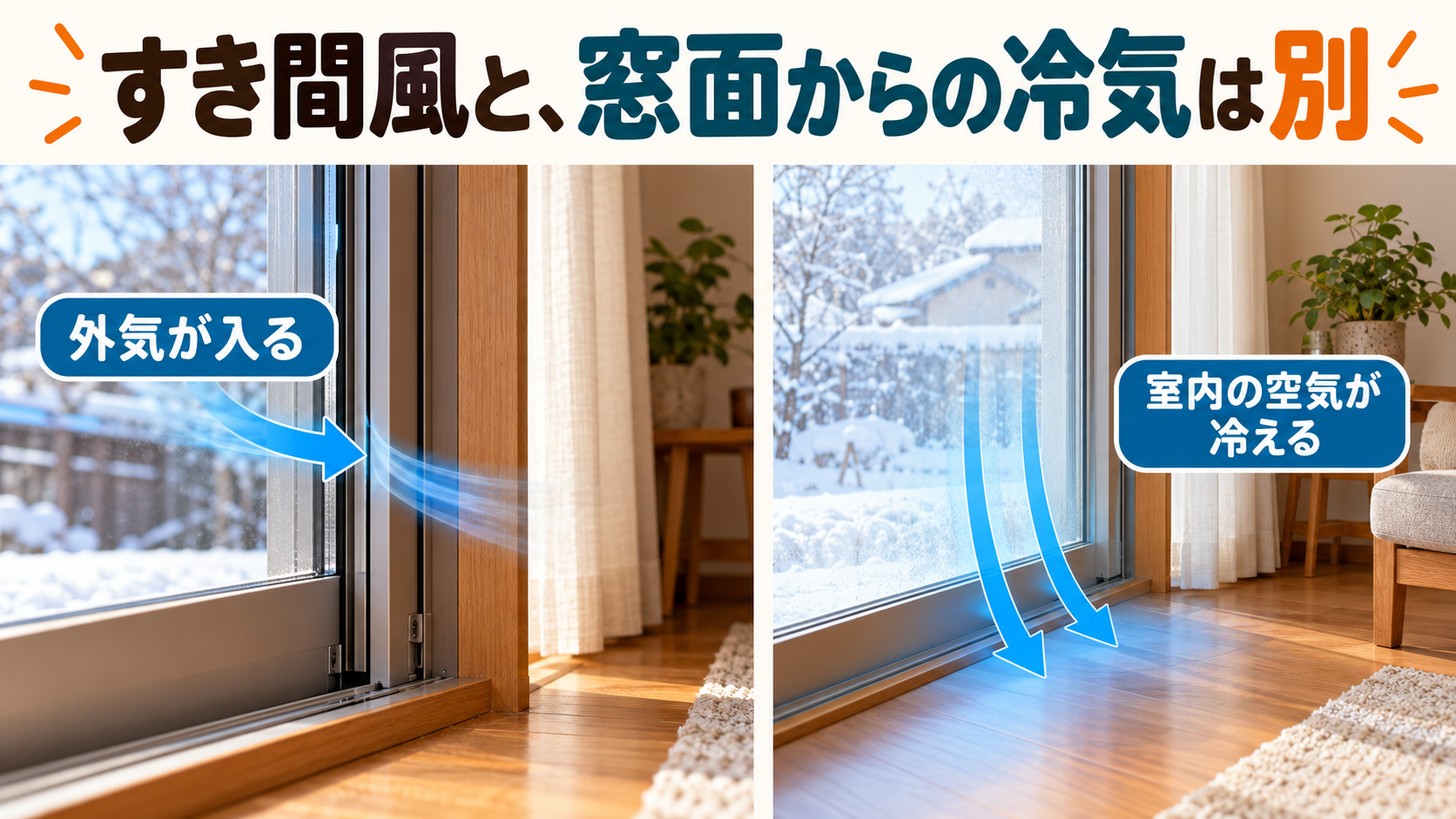 サッシのすき間から入る外気と冷えた窓面から下へ流れる室内空気を比較するイメージ