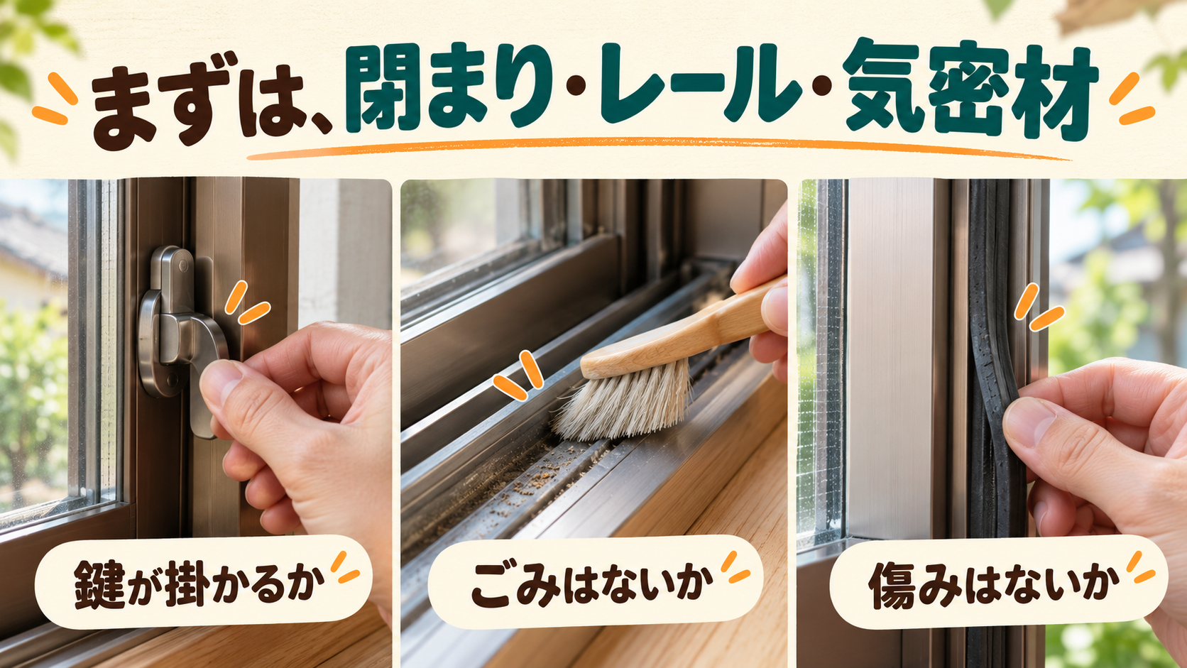 窓の施錠、レール、ゴム状の気密材を順に点検するイメージ