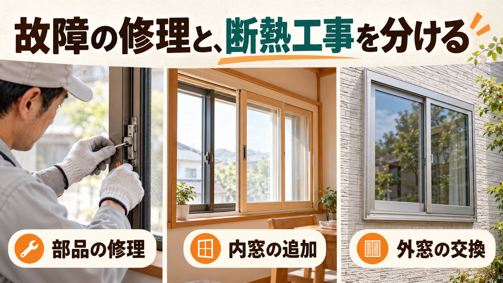 窓の部品修理、内窓追加、外窓交換を原因と既存窓の状態で比較するイメージ