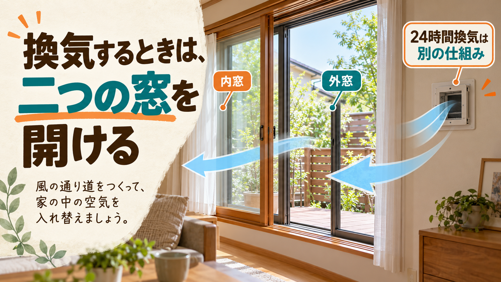 内窓と外窓を両方開ける窓換気と給気口や排気ファンを使う換気を分けたイメージ
