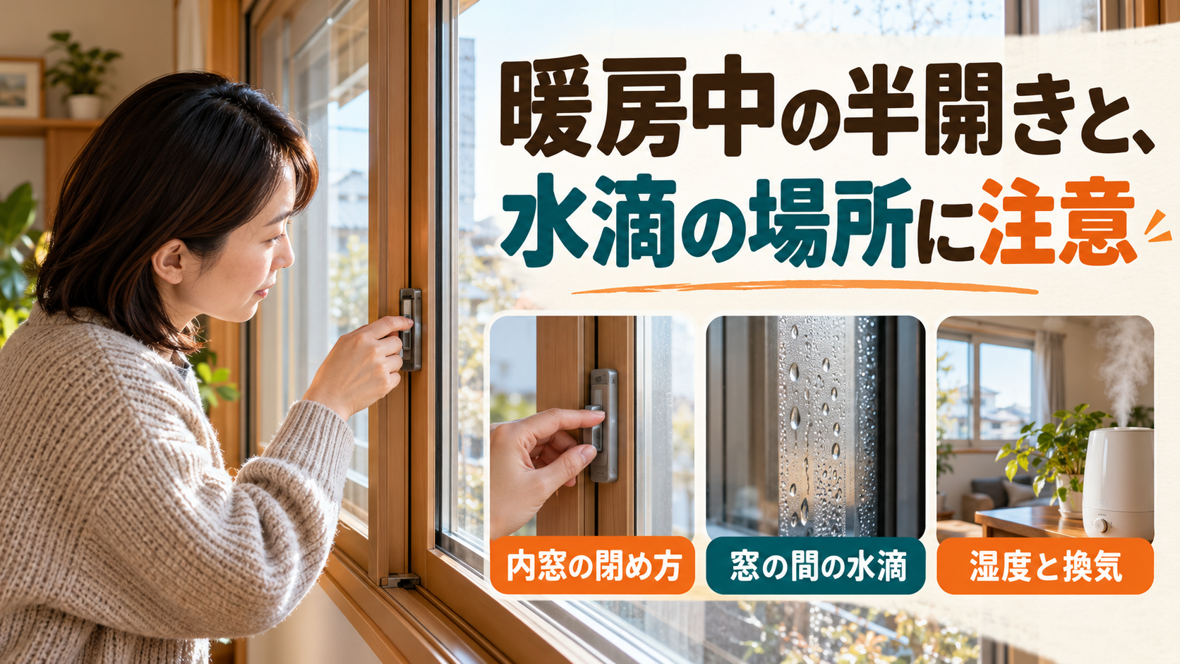 暖房中の内窓の閉め方と外窓や窓間に付いた水滴の場所を確認するイメージ