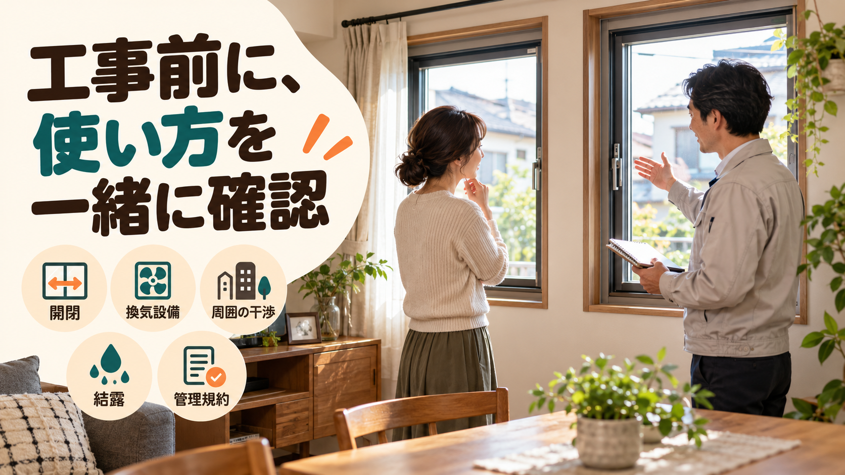 内窓の開閉、換気設備、周囲の干渉、結露、管理規約を施工前に確認するイメージ