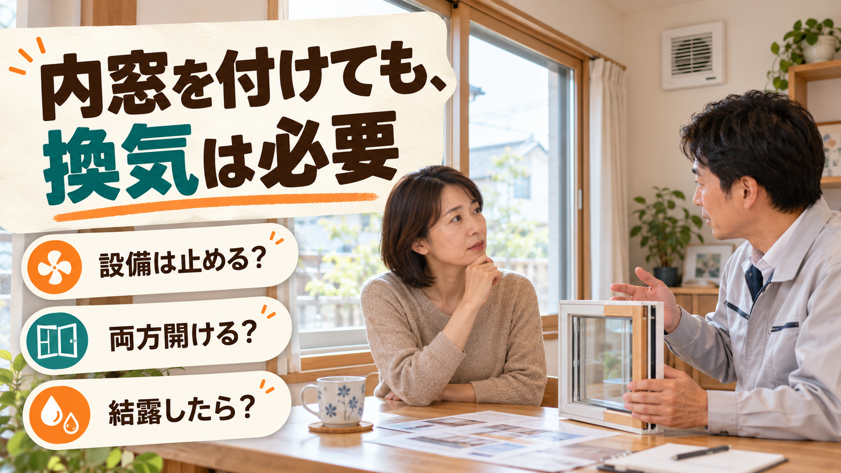 内窓と24時間換気、窓の開け方、窓間の結露について相談するイメージ