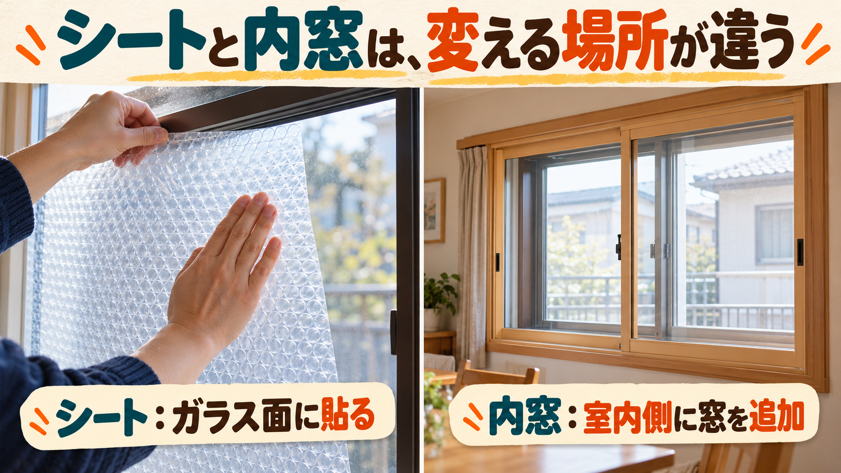 ガラスに貼る断熱シートと室内側に別の枠を追加する内窓を比較するイメージ