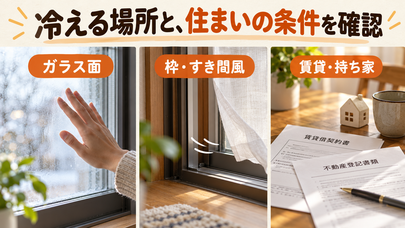 ガラス面の冷えやサッシのすき間風と住まいの条件を分けて確認するイメージ
