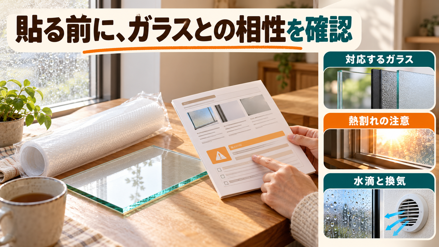 断熱シートの適合表示とガラスの種類を確認し水滴や換気も点検するイメージ