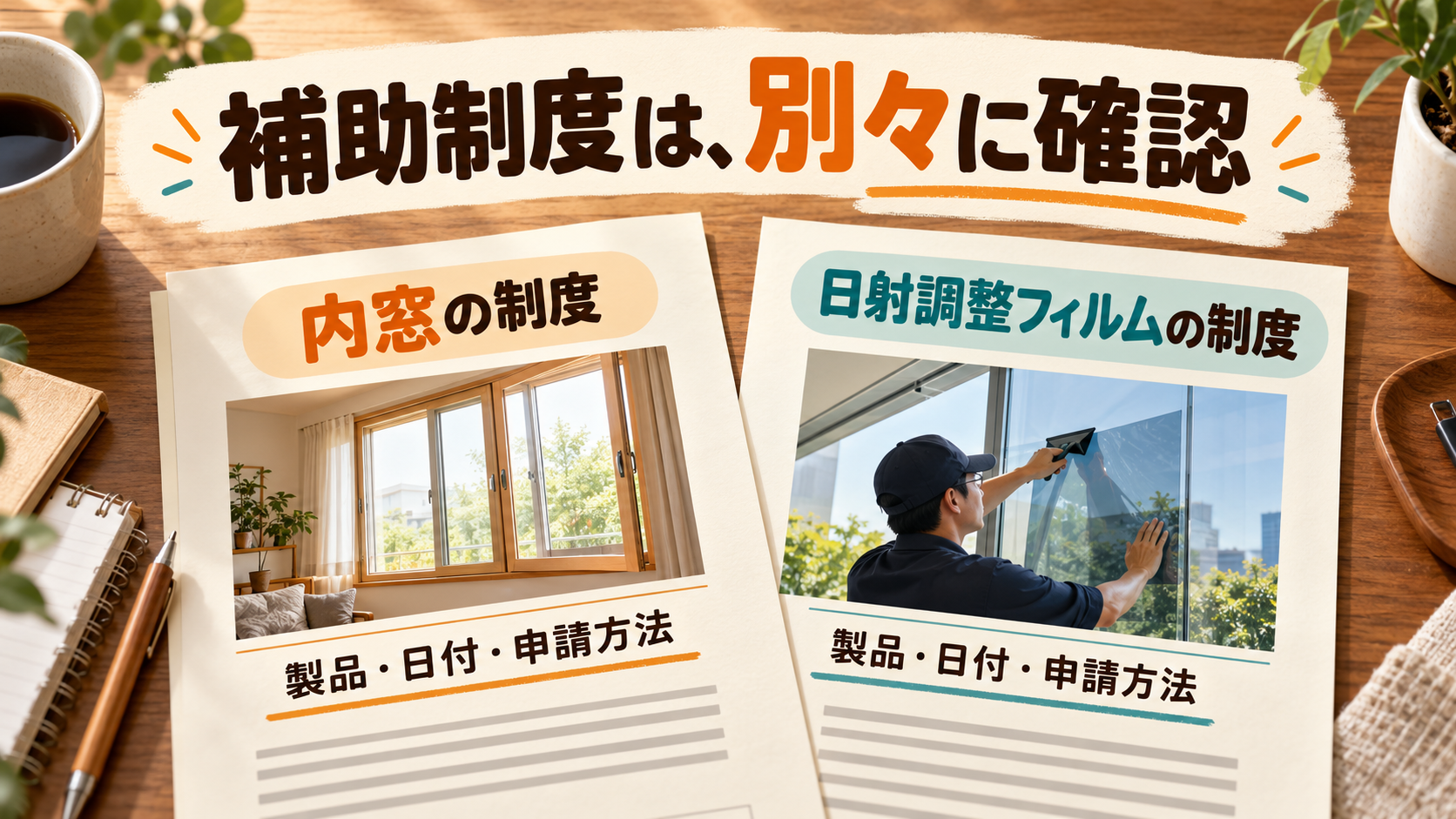 内窓の補助制度と日射調整フィルムの制度を別々の資料で確認するイメージ