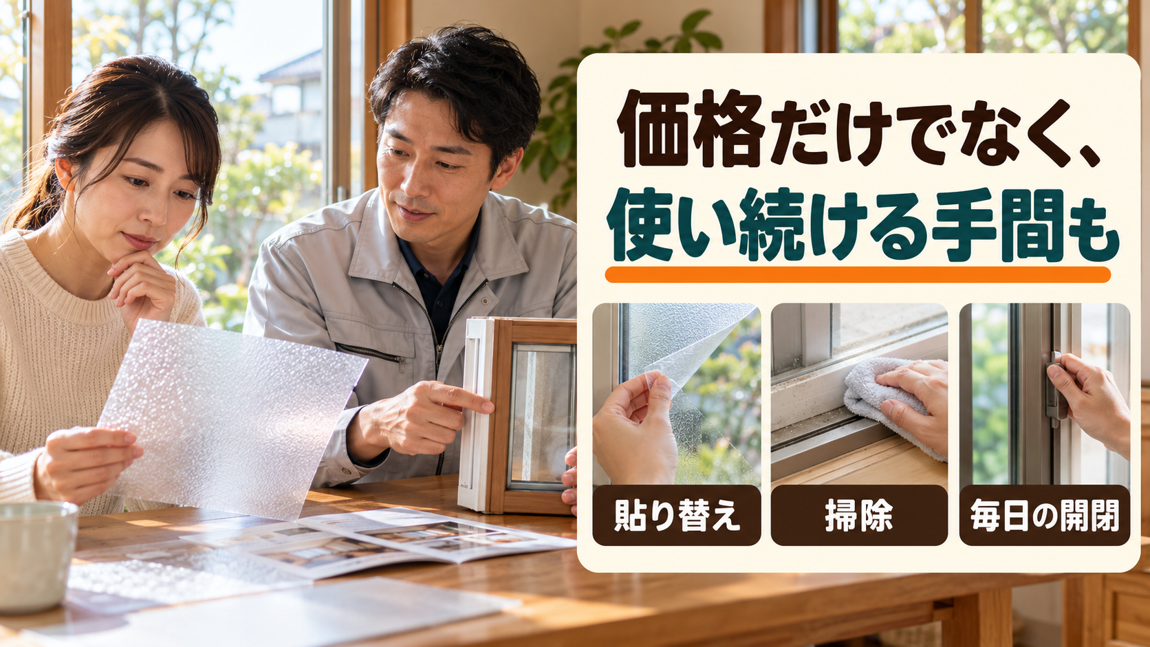 断熱シートの貼り替えや内窓の開閉と費用を比べて相談するイメージ