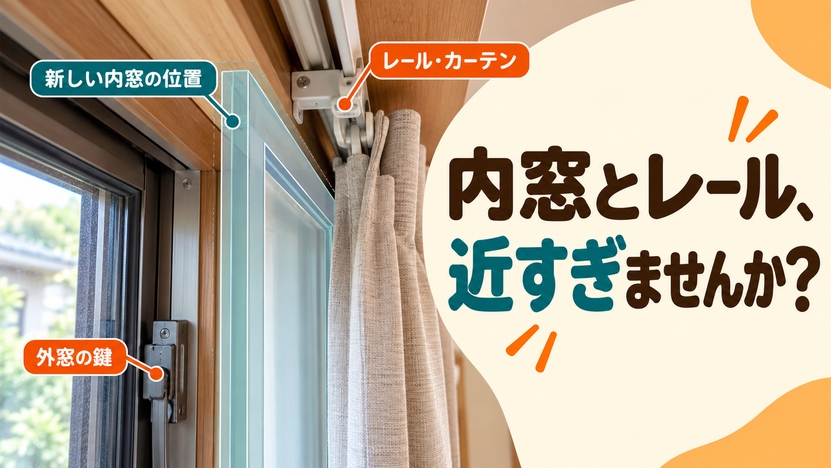 室内側に増える内窓枠とカーテンレールの位置関係を示すイメージ
