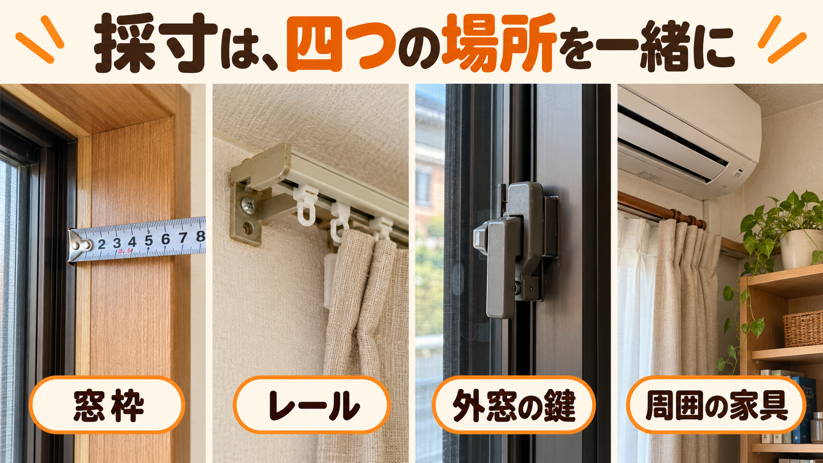 窓額縁、カーテンレール、既存窓の鍵、周囲の家具を採寸するイメージ