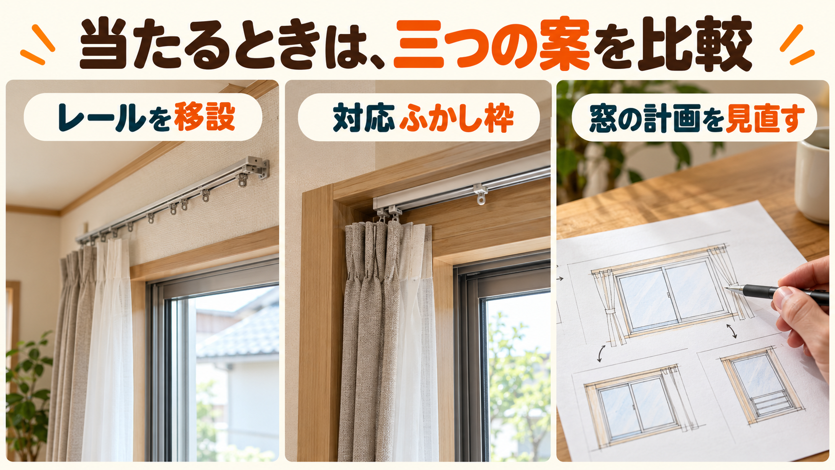 カーテンレール移設、対応ふかし枠、窓計画の見直しを比較するイメージ