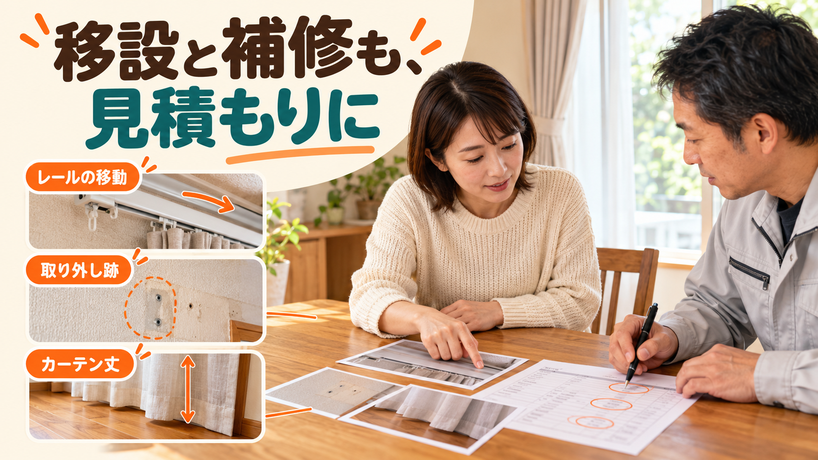 窓とカーテンレールの写真を見ながら移設や補修を見積もりに含めて相談する様子