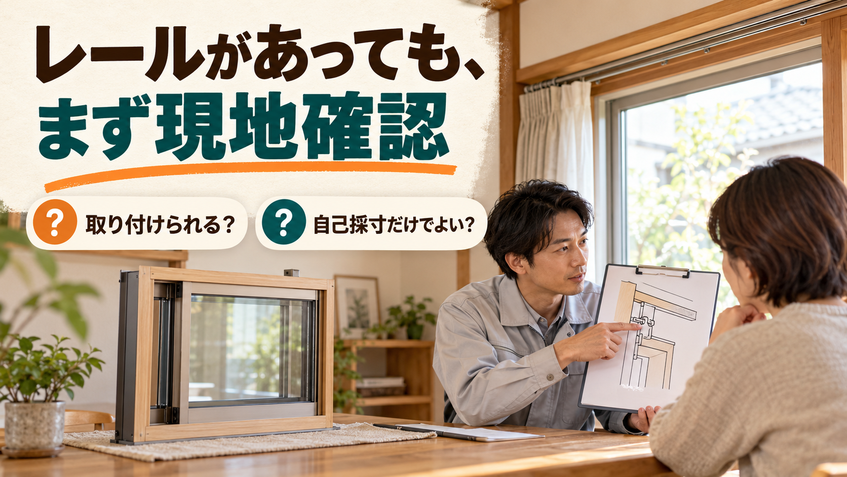 カーテンレールのある窓への内窓設置と採寸について相談するイメージ