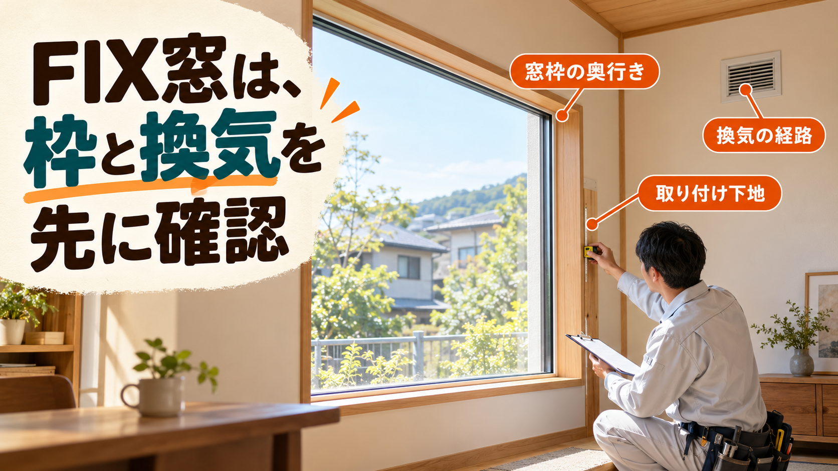 開かないFIX窓の室内枠と下地、周辺の換気経路を確認するイメージ
