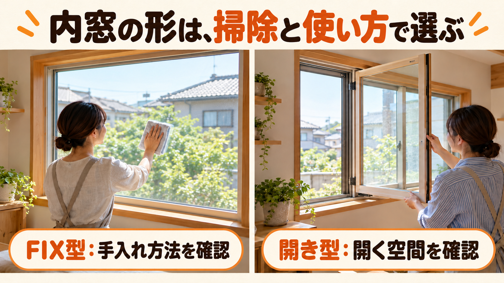 FIX型と開き型の内窓を掃除のしやすさと開く空間で比較するイメージ