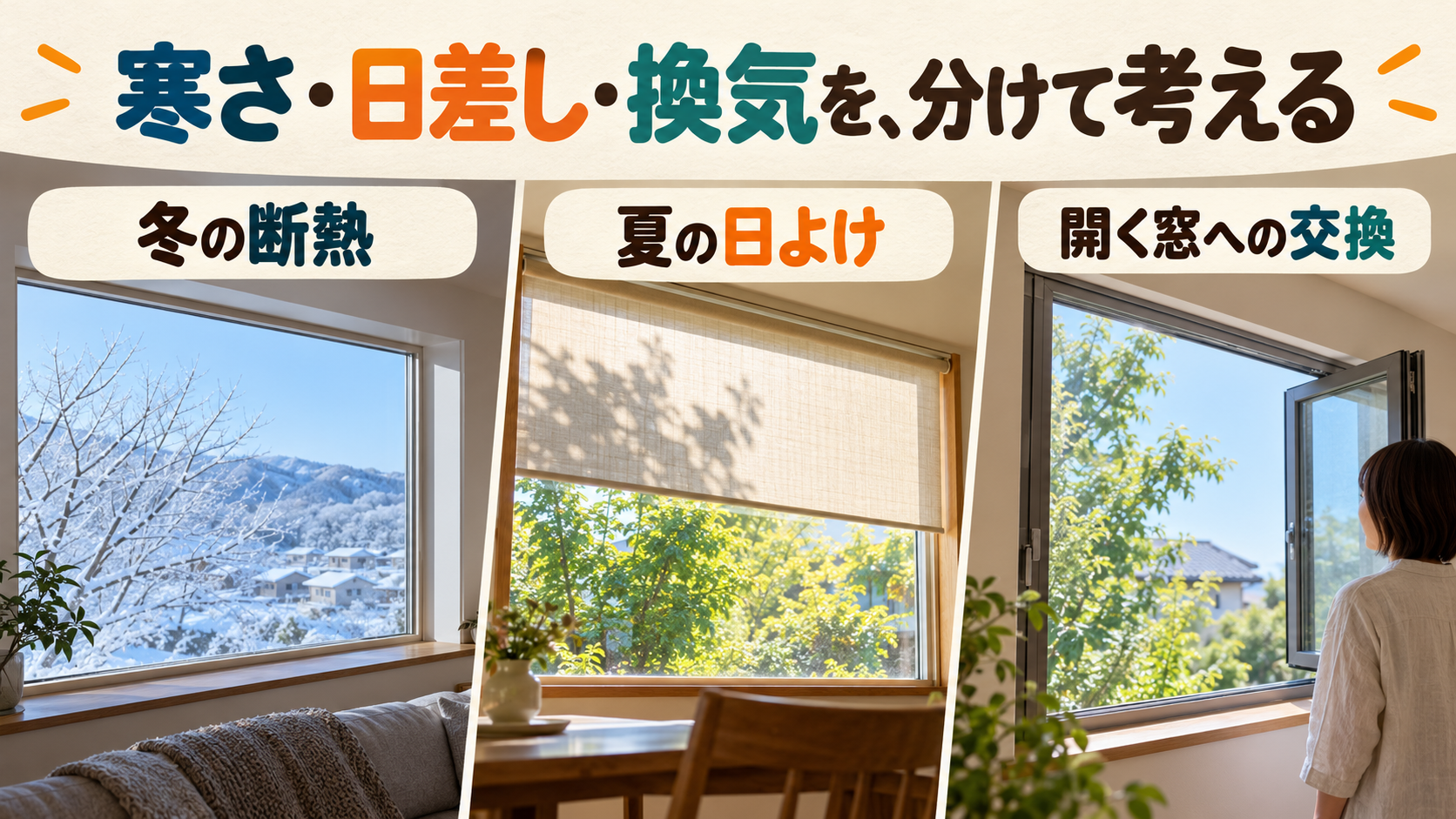 FIX窓の寒さ、日差し、換気の希望を分けて工法を選ぶイメージ