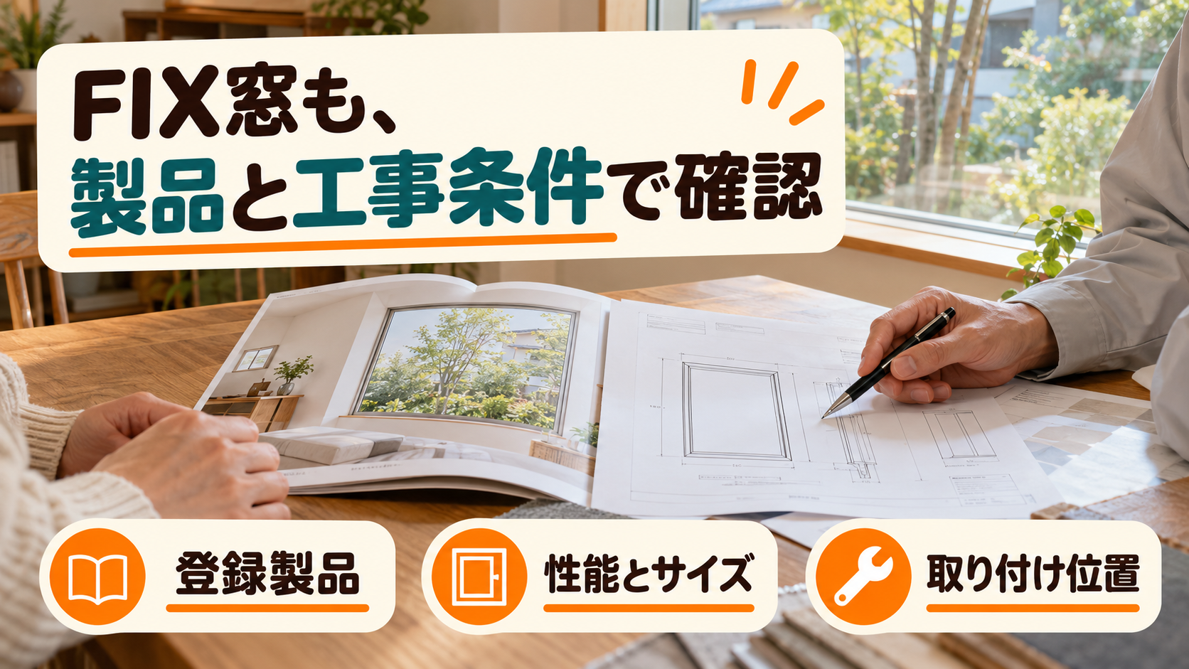 FIX窓の製品登録や性能、サイズ、設置位置を資料で確認するイメージ