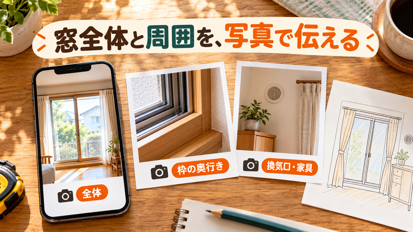 FIX窓全体と額縁の奥行き、周囲の設備を安全な場所から写真に残すイメージ