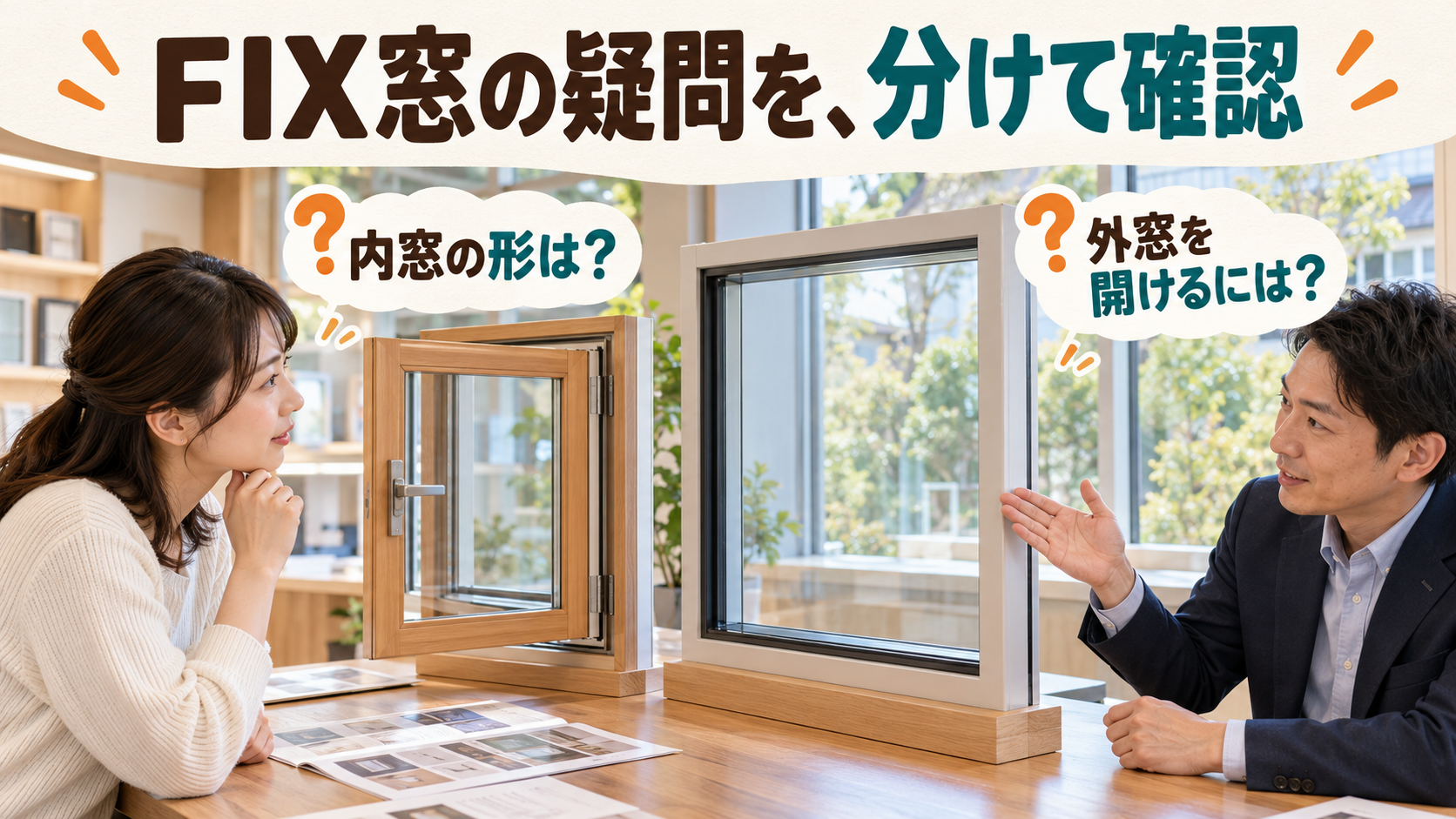 FIX窓の内窓の形と既存窓を開く窓にする工事について相談するイメージ