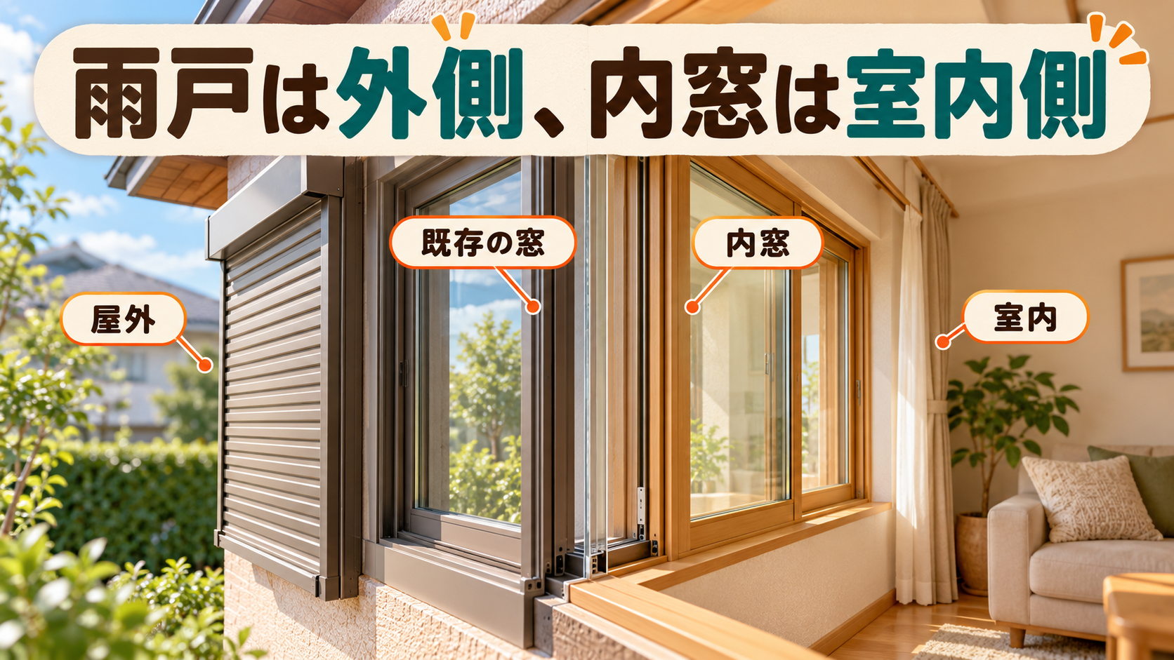 屋外の雨戸とシャッター、既存窓、室内の内窓の位置関係を示すイメージ