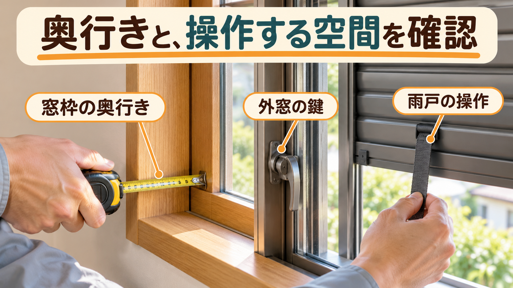 窓枠の奥行きを測り外窓の鍵や雨戸操作部との干渉を確認する様子