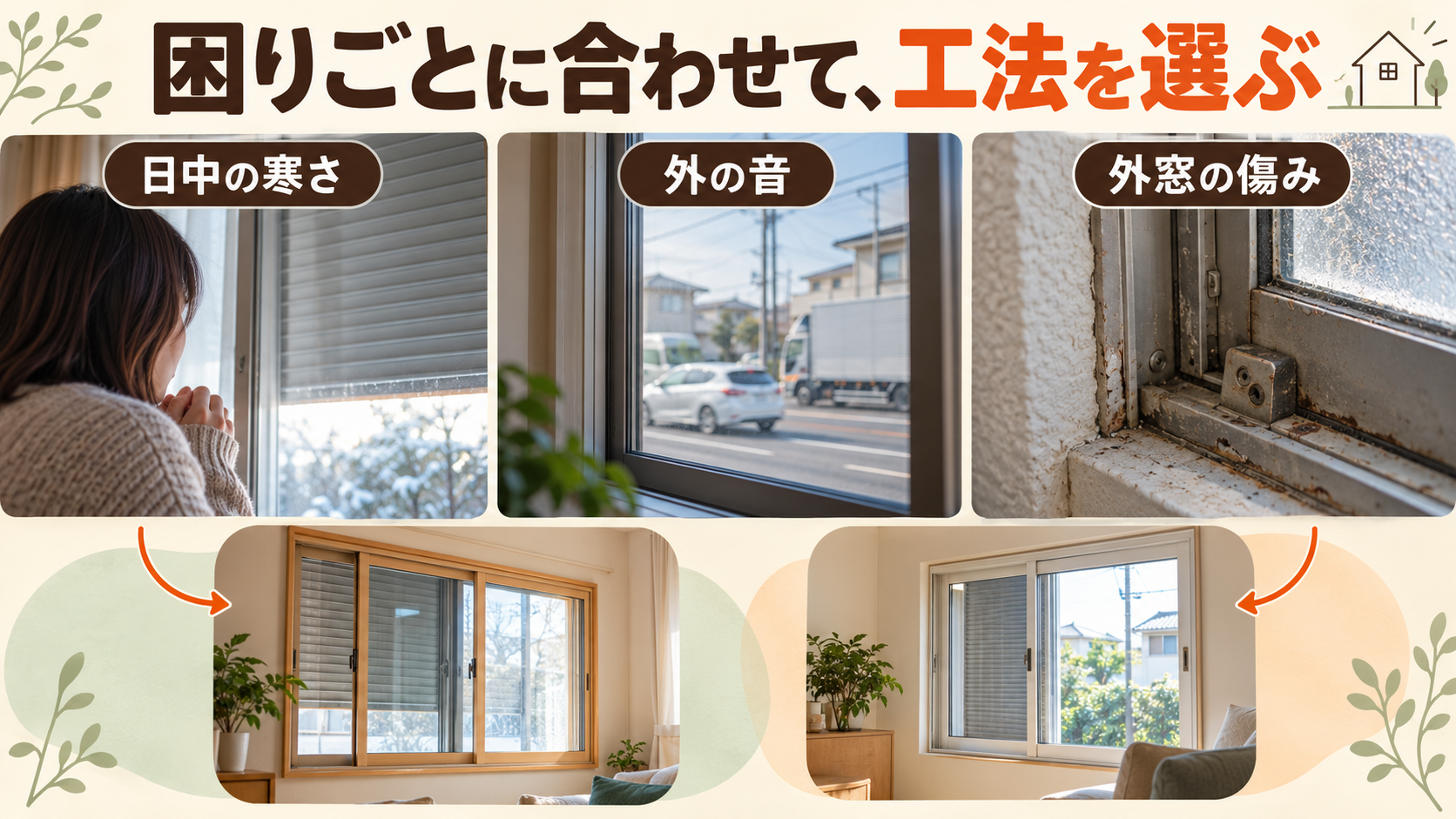 寒さや外の音、外窓の劣化に合わせ内窓と外窓交換を比べるイメージ