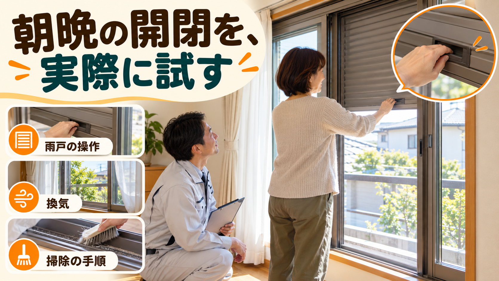 雨戸と内窓を順番に開ける動作を住人と施工スタッフが室内で確認する様子