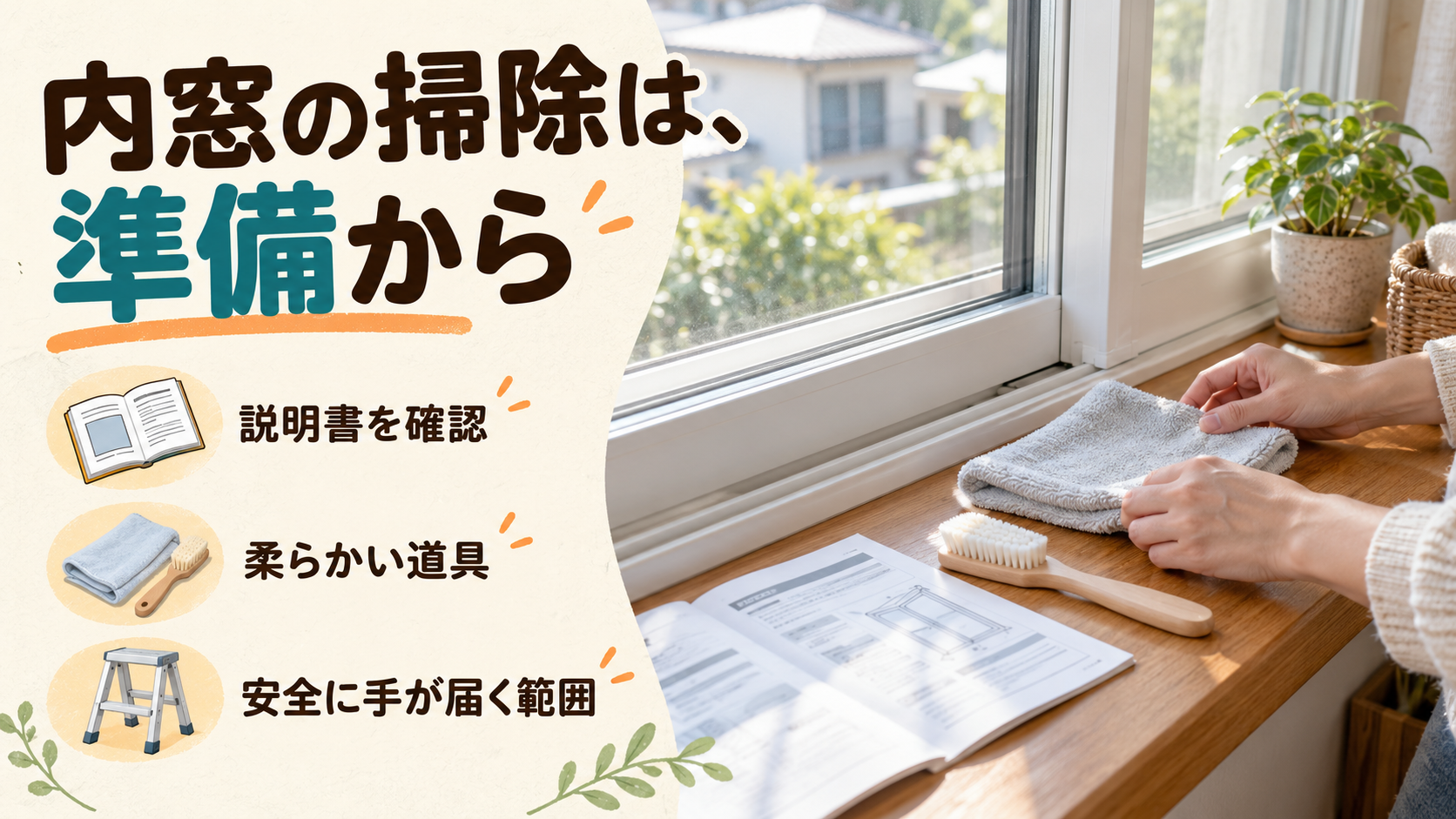 内窓の掃除前に説明書と柔らかい布やブラシを準備する様子