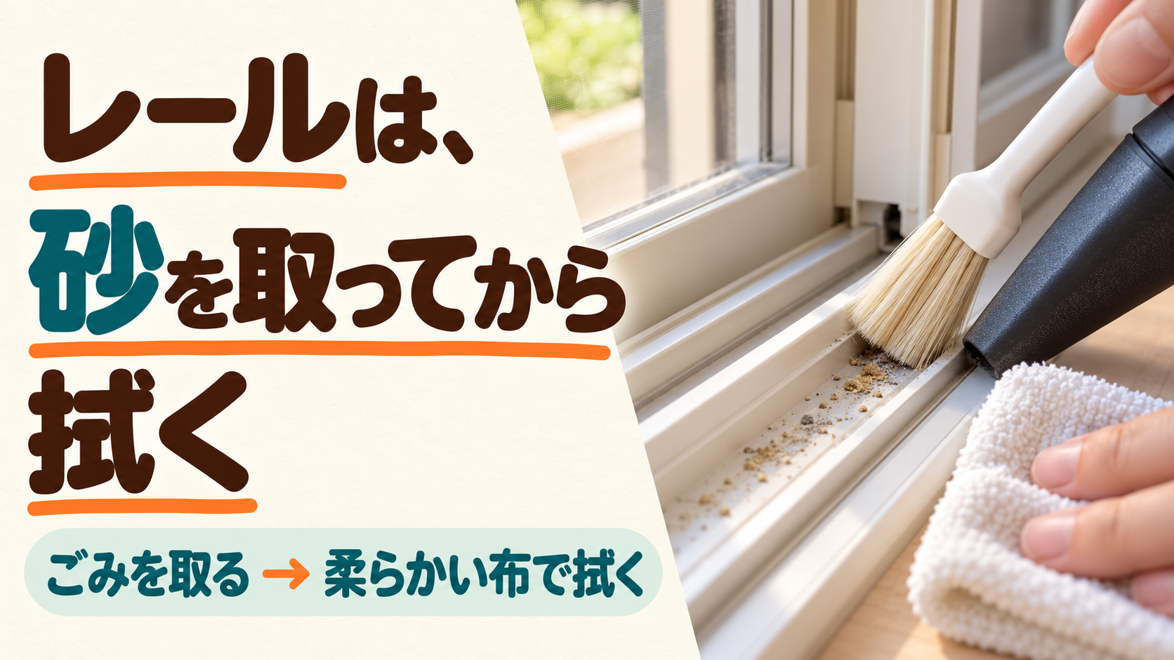 内窓のレールの砂ぼこりを柔らかいブラシで取り、布で拭く手順