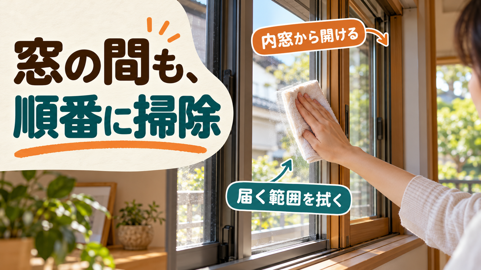 内窓と外窓を順に開け、室内から手が届くガラス面を柔らかい布で拭く様子