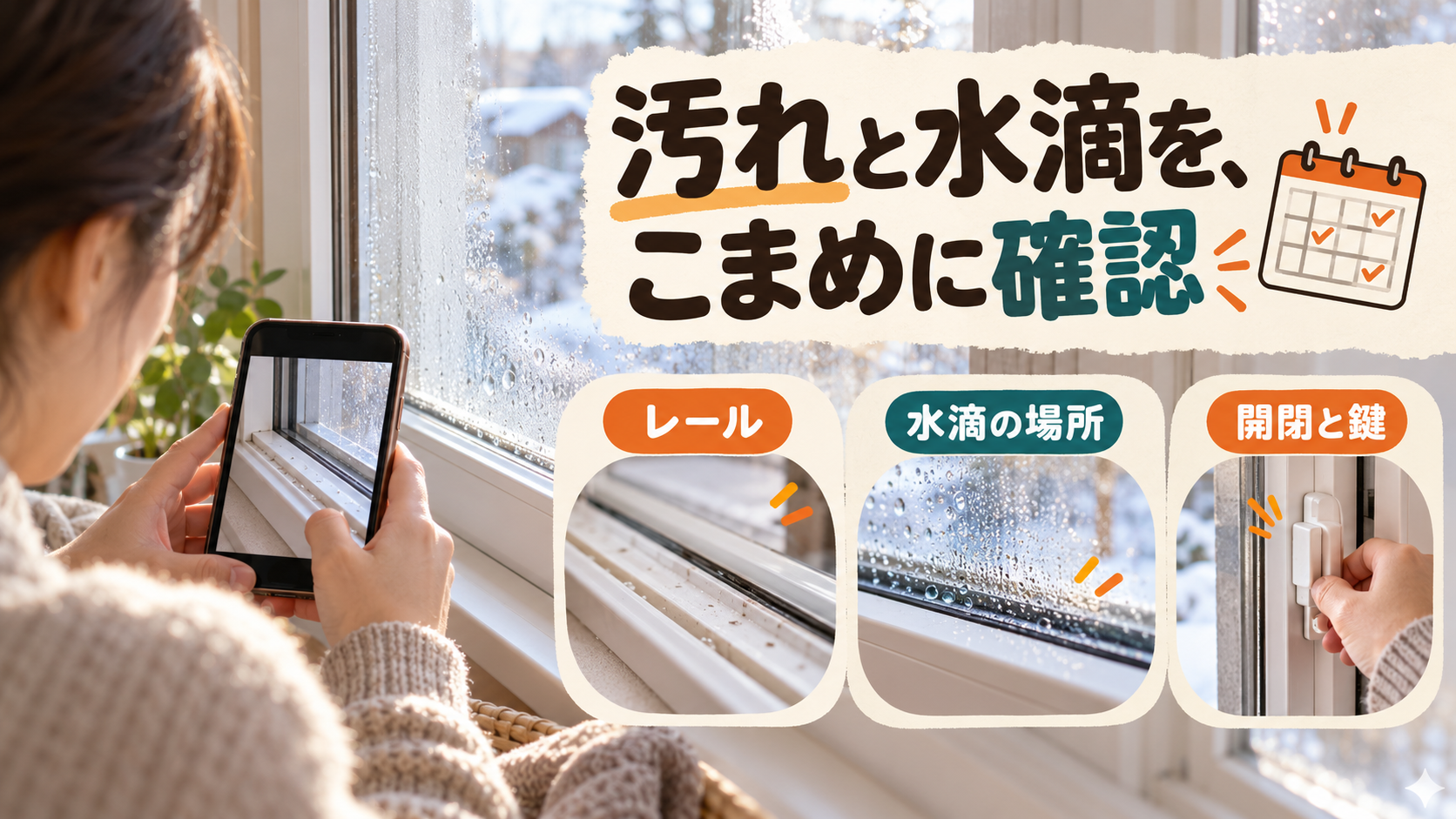 窓の水滴やレールの状態を点検し、気になる場所を写真に残す様子