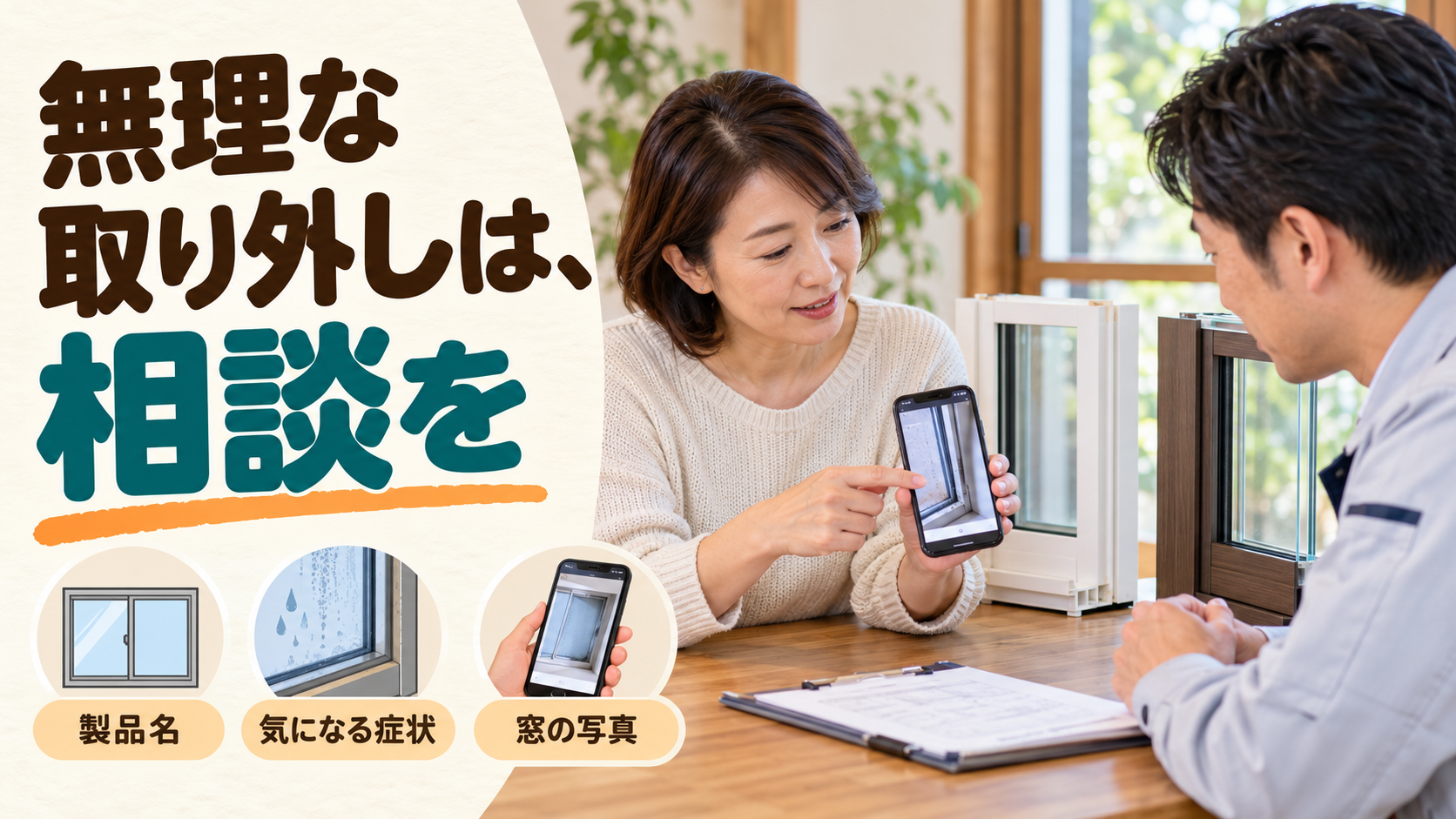 内窓の取り外しや落ちない汚れについて施工店に写真を見せて相談する様子