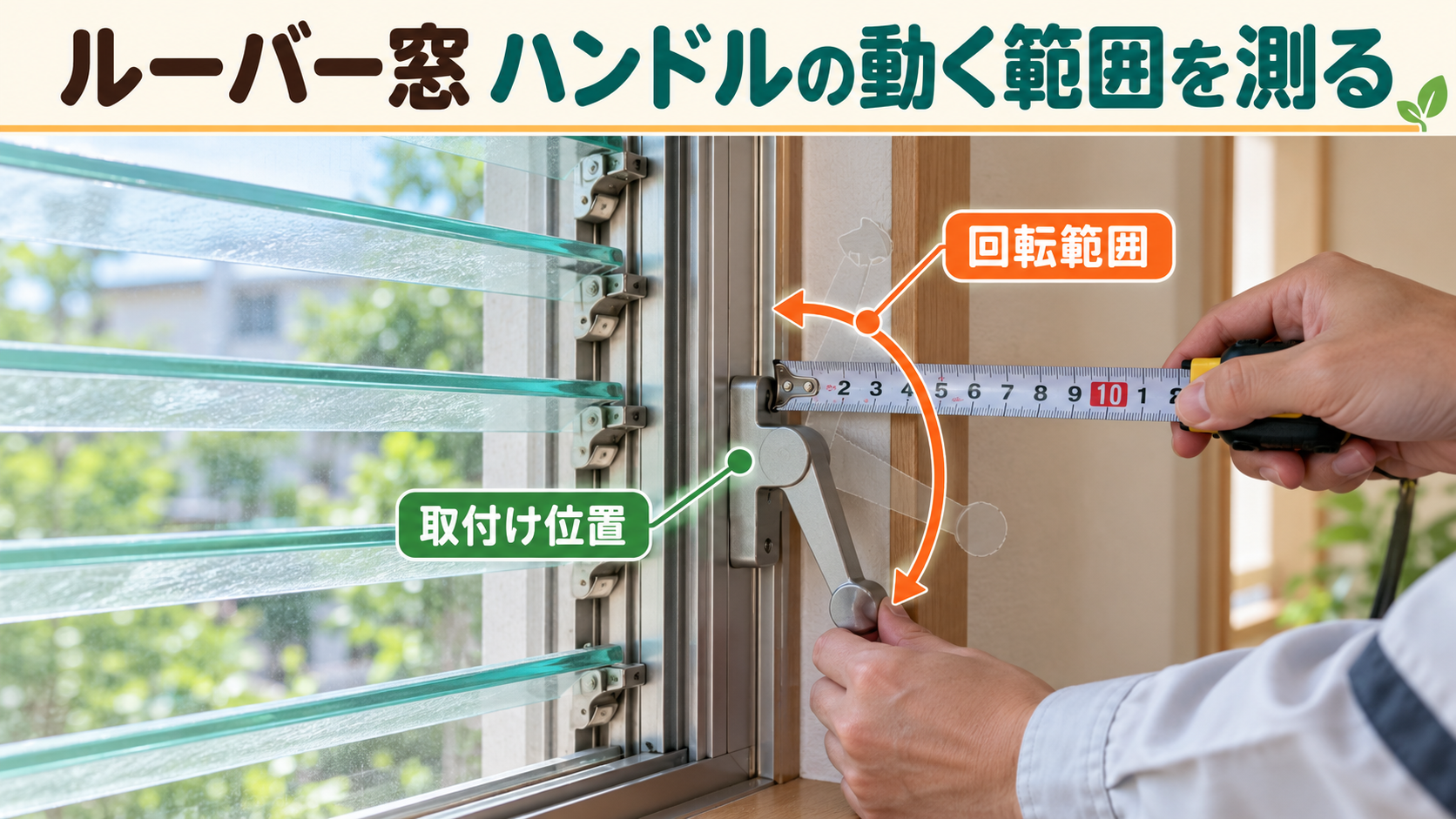 ルーバー窓のハンドルの回転範囲と内窓を取り付ける位置を測る様子