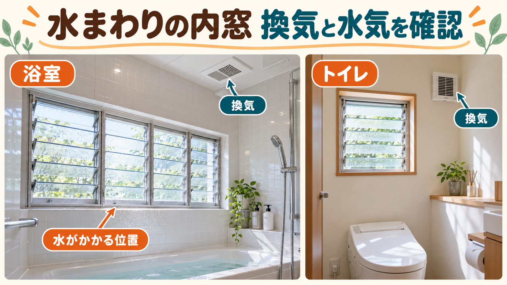浴室とトイレのルーバー窓で換気設備と水がかかる位置を確認する様子