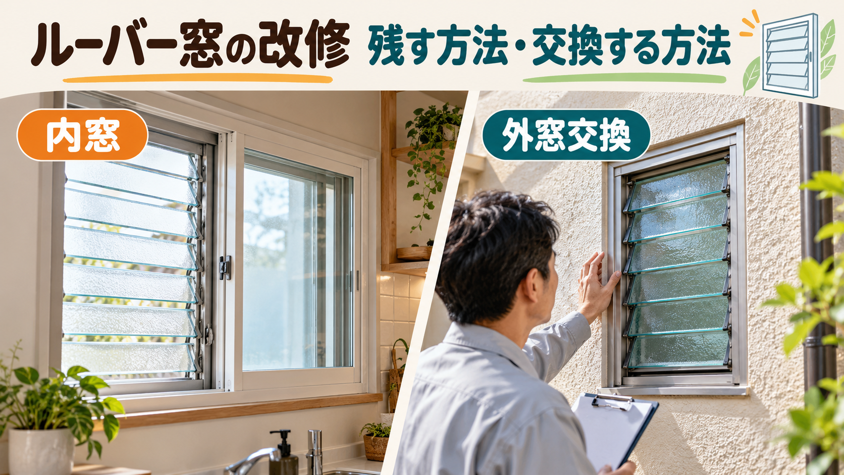 既存のルーバー窓を残す内窓と外窓交換を比較する説明