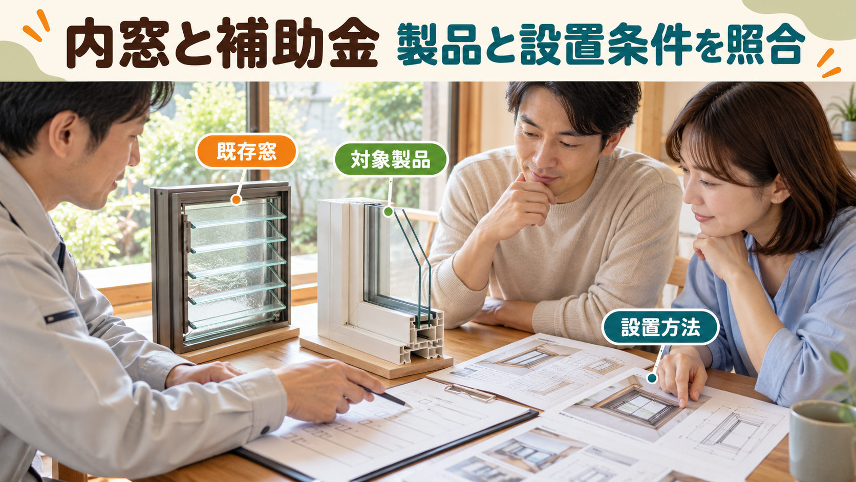 ルーバー窓の構成と内窓の登録製品や設置条件を確認する資料