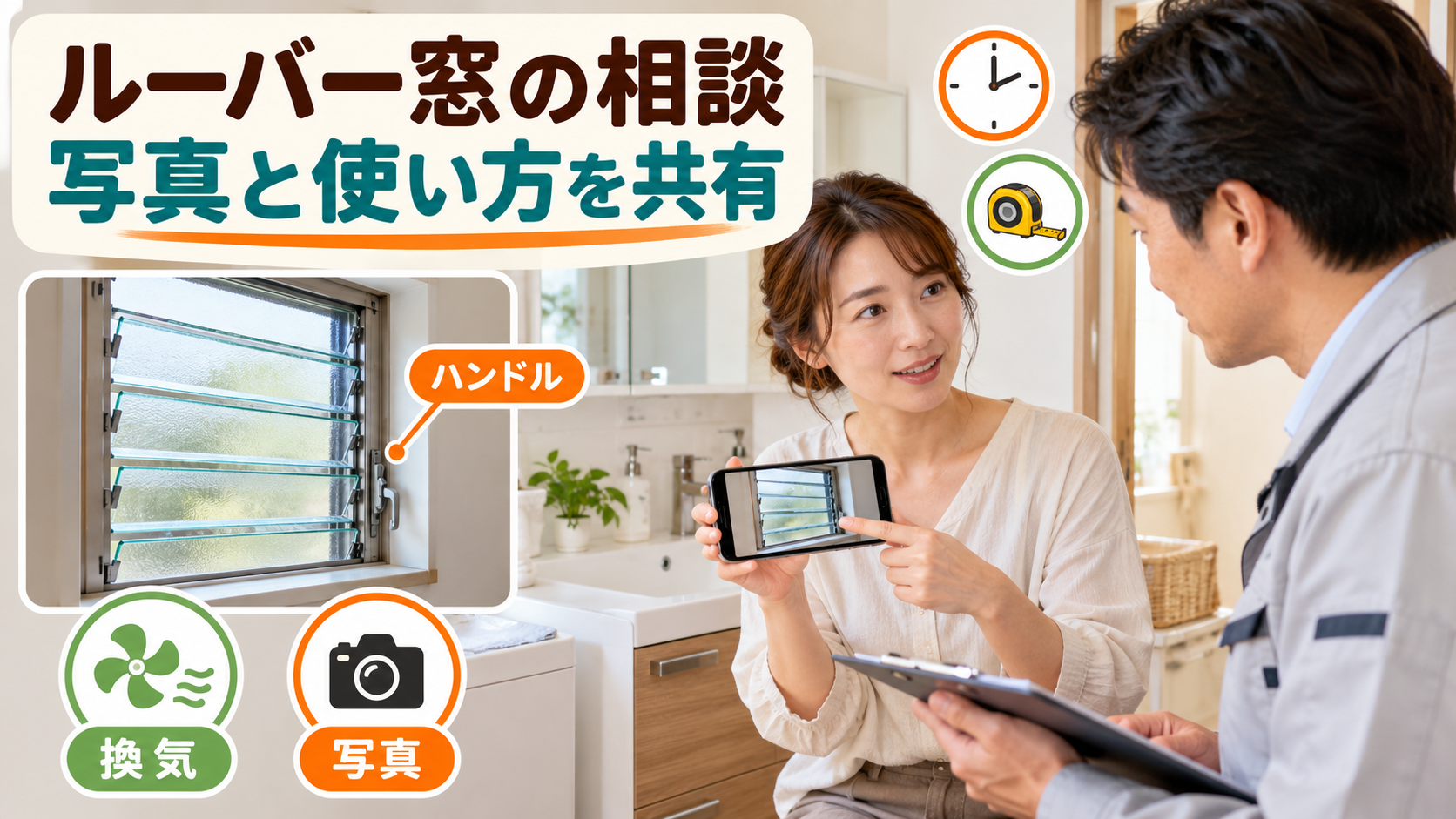 ルーバー窓のハンドルと換気と写真の準備について相談する様子