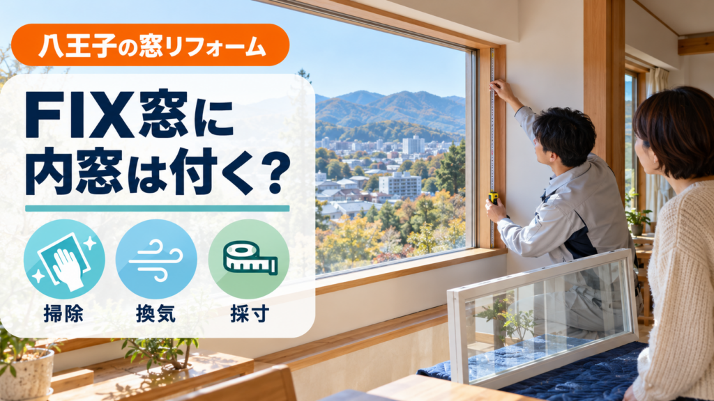 FIX窓の内窓設置に向けて寸法を測る施工スタッフ