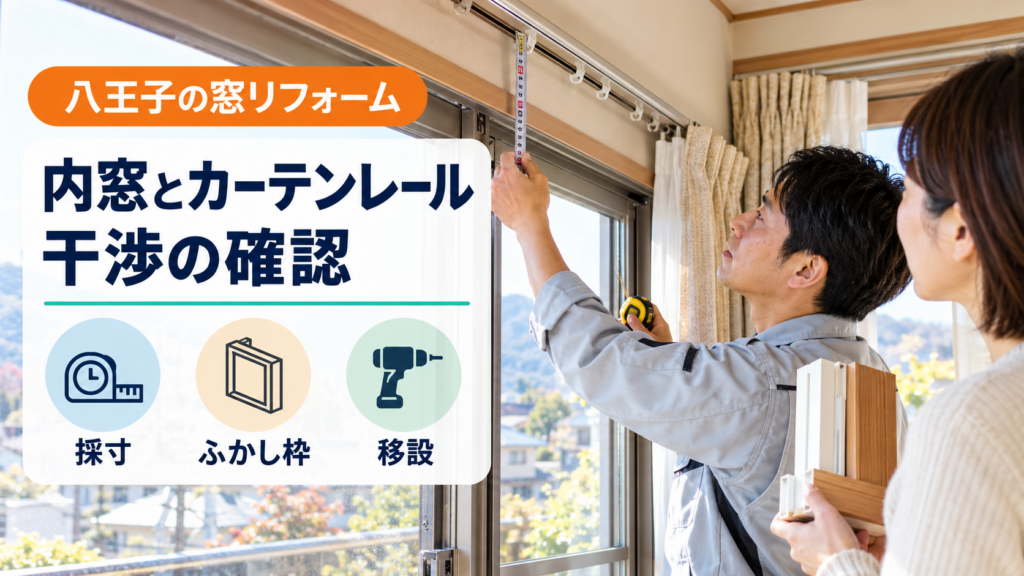 内窓とカーテンレールの距離を測る施工スタッフ