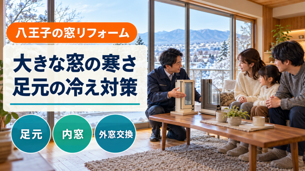 大きな窓の冷え対策を相談する八王子の家族