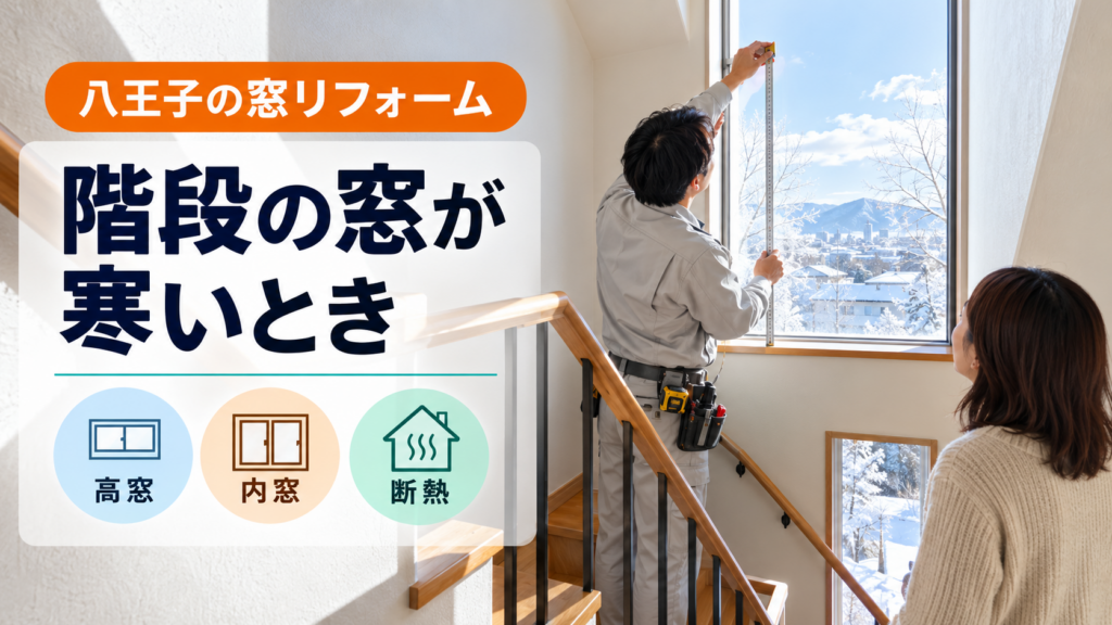 階段の高窓を採寸する八王子の施工スタッフ