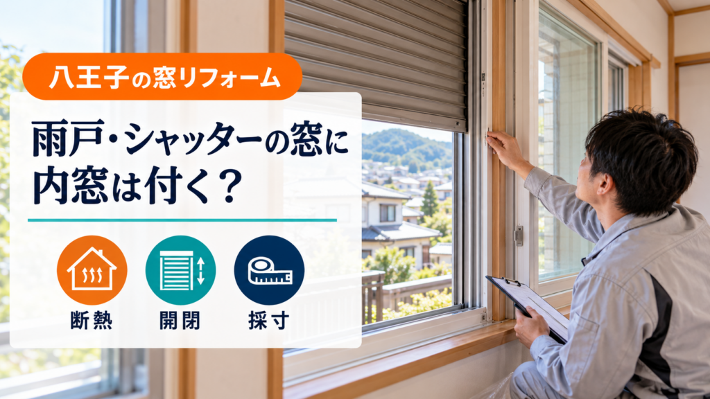 雨戸とシャッターのある窓で内窓の採寸を確認する施工スタッフ