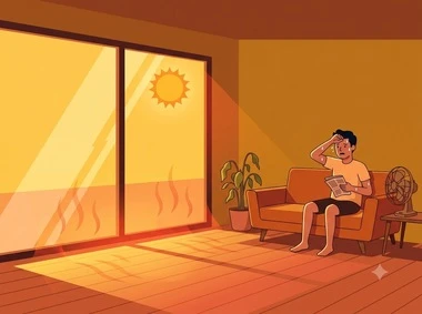 大きな窓から大量の熱気が入り込み、窓際に近づけないほど暑いリビングを表すイラスト