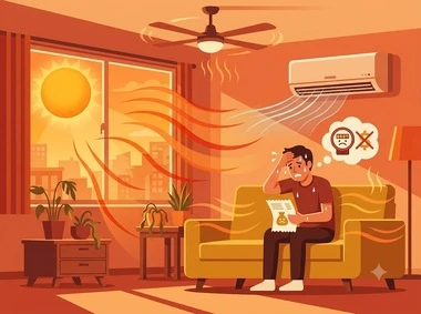 フル稼働するエアコンの冷気が窓から逃げ、暑さと電気代の高さに悩むリビングを表すイラスト
